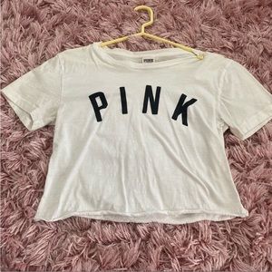 Pink cropped white tee logo size small